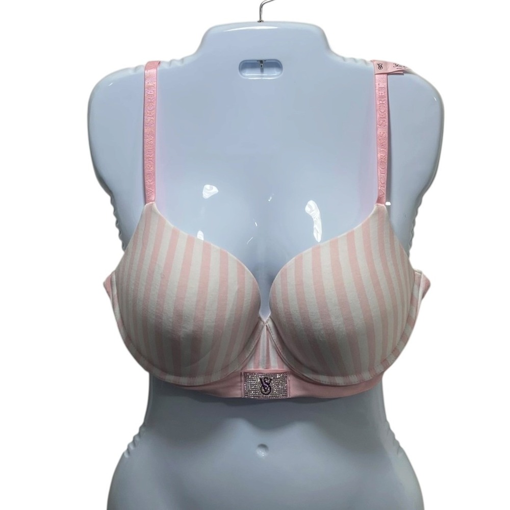 VS Very Sexy Heritage Stripe Shine Strap Push-Up Bra 36DD Pink Striped Satin
